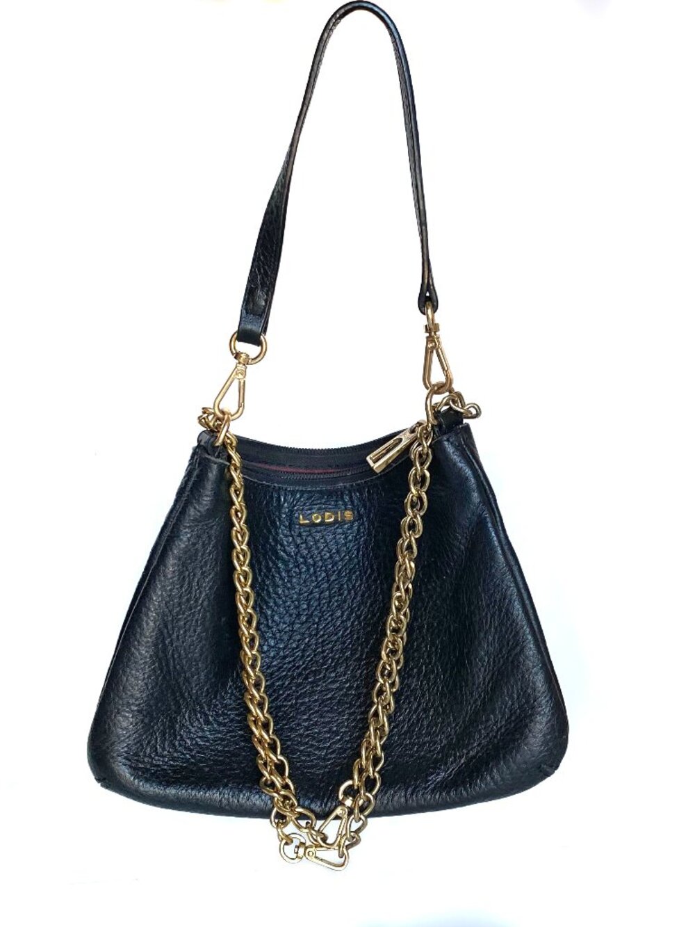 Lodis Crossbody Clutch Purse Italian Leather Bag Black Cosmetic Pouch Gold Chain